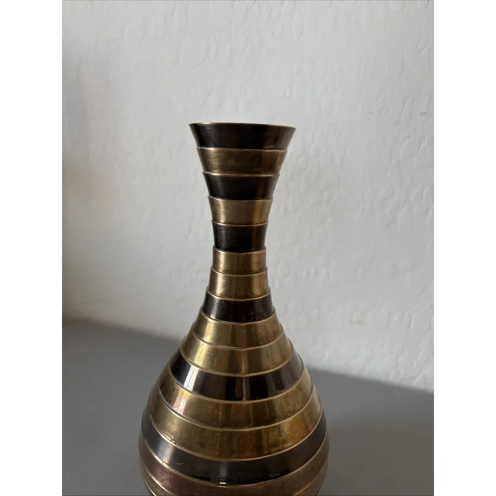 Vintage MCM Brass Copper Striped Vase 9